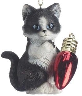 Midwest Tuxedo Black and White Kitten Playing with Red Bulb Cat Christmas Tree Ornament