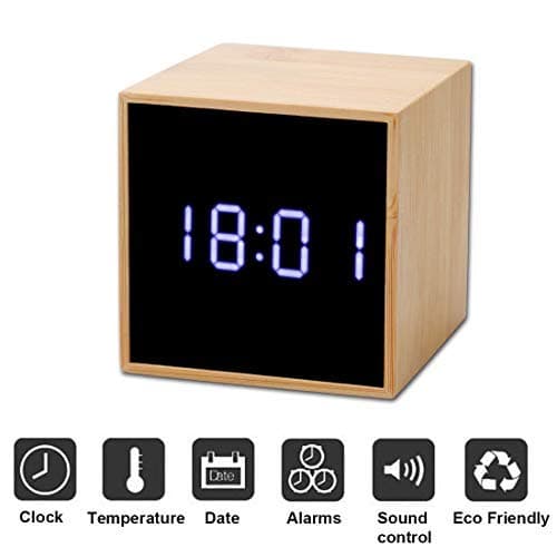 KINGTERENCE Digital Alarm Clock, Wooden LED Cube Block Clock Travel Clock Best Gift for Kids Bedroom