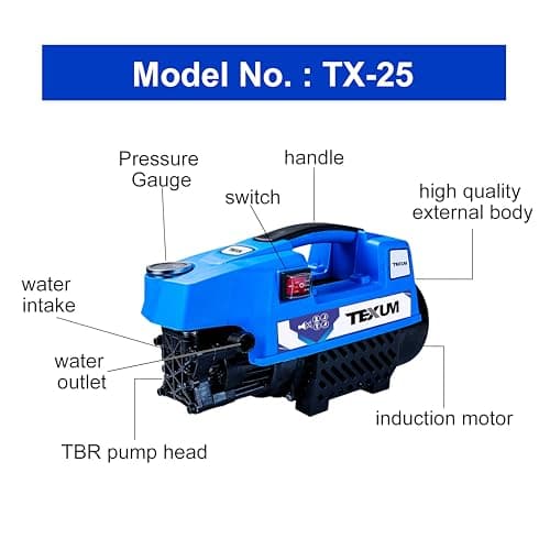 TEXUM TX-25 Portable high Pressure Car Washer Machine for Washing car, Bike, Vehicles, 165 Bar Max Pressure and 2.0 KW Motor Power. (Updated Model)