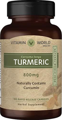 Vitamin World Turmeric 800 mg. 100 Capsules, Curcumin, Joint Support, Anti-inflammatory, Antioxidant, Rapid-Release, Gluten Free