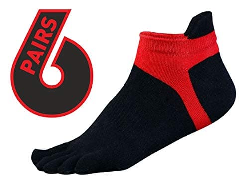 Five toe socks 6 pack - toes separated comfortable socks for athletic, running, walking, yoga and casual use (Black red)