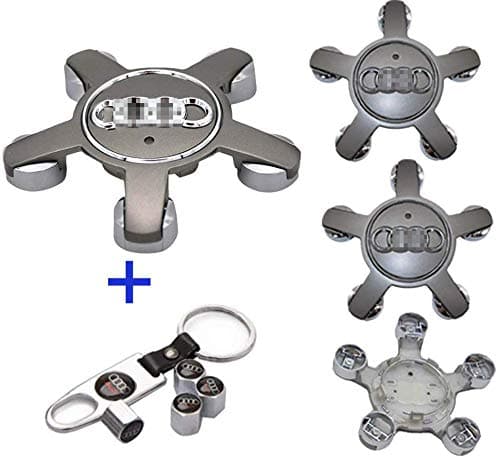 Luckily 4-Piece for A-UDI Wheel Center Hub Caps +1 Set of Car Tire Valve Cover with Keychain for A-UDI.(Silver)