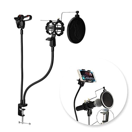 Professional Microphone Stand Mount Phone Holder with Clip for Phone Karaoke/MV Recording with Microphone Holder, Pop Filter, Phone Holder Clip, Table Clamp and 2 Metal Goosenecks