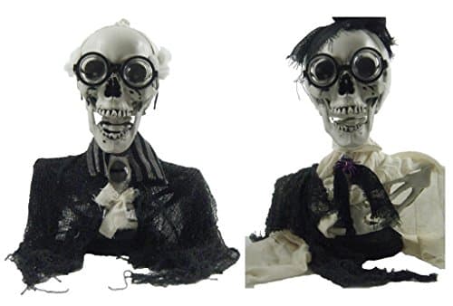 Hector and Harriett Headstone Skeleton Bust with Changing LED Lights - Set of 2