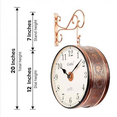 CRAFTEL Metal Analog Double Sided Vintage Station Wall Clock with Brass in Dial (Rose Gold_12 Inches)