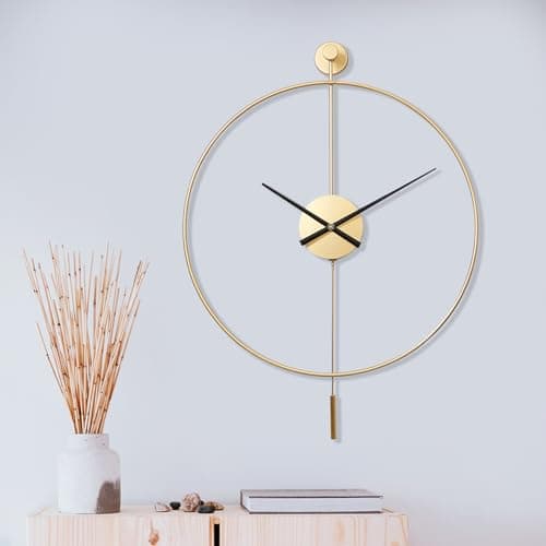 Classical Large Decorative Wall Clock with Pendulum, Modern Non-Ticking Silent Metal Wall Clocks for Living Room, Bedroom, Study, Office, 24in/60cm(Gold)