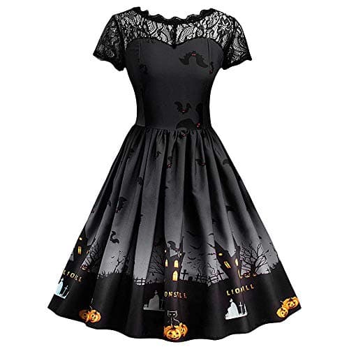 Women Halloween Short Sleeve Retro Lace Vintage Dress A Line Pumpkin Swing Dress Cosplay Suit(US-4/CN-M,Black)