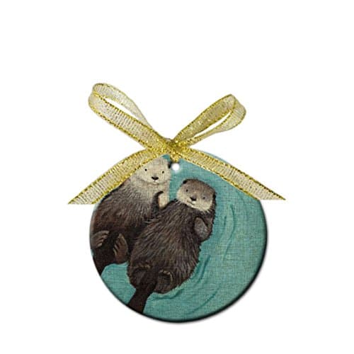 Two Lovely Sea Otter Custom Unique Round Porcelain Ornaments (Large Size) Or Home Décor