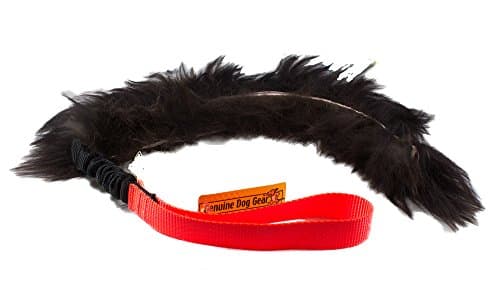 Buffalo Hide and Longhair Sheepskin Dog Tug Toy - Pull, Throw and play FLYBALL (Black Shag-Red Handle)