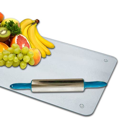 EuroChef Glass Unbreakable Cutting Board & Stainless Steel Rolling Pin Set [Bundle Pack - 2 Items] - The Perfect Kitchen Set Non-Stick Stainless Rolling Pin For Bakery & Scratch Proof, Heat Resistant, Shatter Resistant Chef's Glass Cut Board