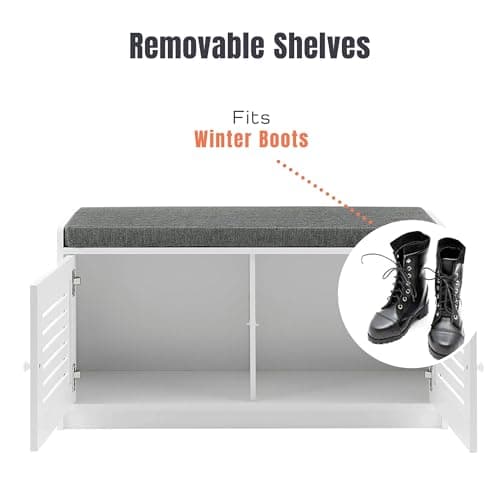 Sturdis Modern Shoe Storage Bench w/Adjustable Shelves & Cushioned Seat, White