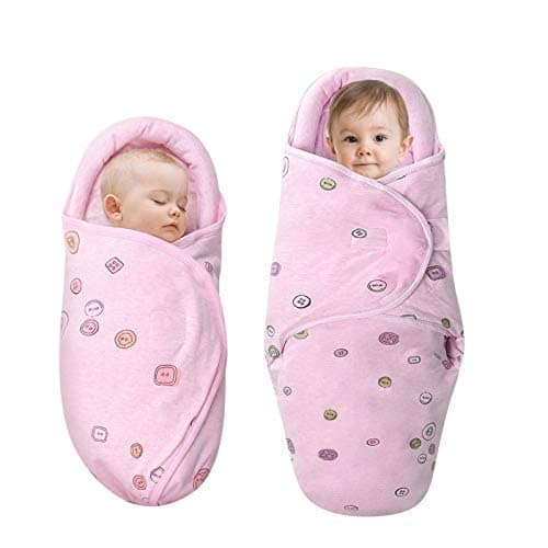 Baby Swaddle Blankets, Unisex Baby Blanket Wrap for Newborn Baby Boys Girls, Skin Friendly Wearable Swaddle Sleep Sack Made of Combed Cotton (Button, Pink, 0-3 Months + 3-6 Months)