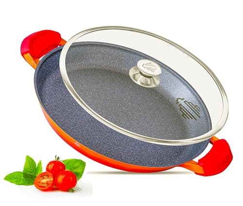 INTIGNIS Paella Pan | Glass Lid |Non-Stick | Anti Scratch | Removable Silicone Handles | Ceramic Coating Chemical Free | Induction & Oven Safe | Heavy-Duty | Stainless-Steel Base (Orange, 36 CM)