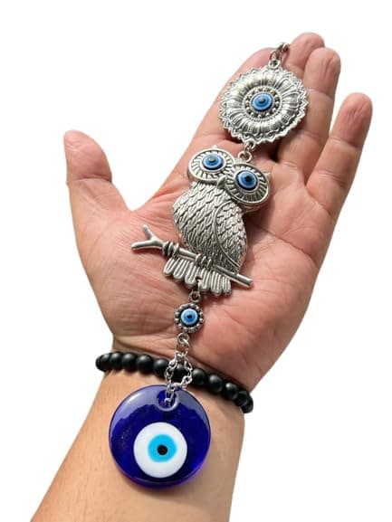 Metal Home Decor Hanging Wall Hanging Car Hanging with Lucky Owl Blue Evil Eye Decoration, Lucky Hanging Ornament Amulet for Car, Home and Office for Protection and Blessing