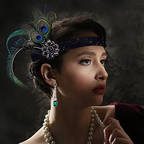 PLULON 1920s Flapper Great Gatsby Accessories Set Fashion Roaring 20's Theme Set with Headband Headpiece Long Black Gloves Necklace Earrings for Women