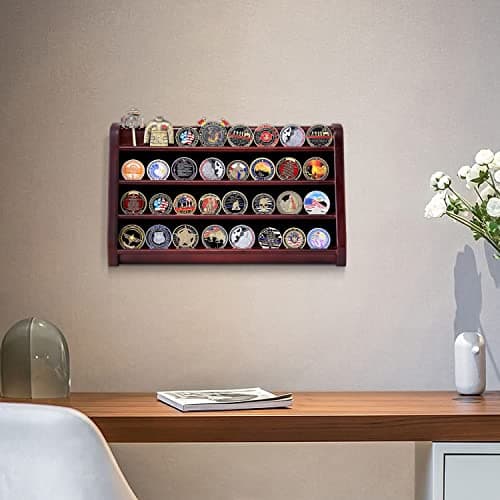 ASmileIndeep 4 Rows Military Wooden Challenge Coin Display Case - Wall Mountable Army Holder Stand Rack, Holds 32 Coins, Mahogany