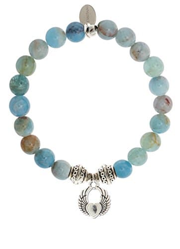 Natural Aquamarine Beryl Gemstone Tibetan Bead Winged Heart Charm Stretch Bracelet