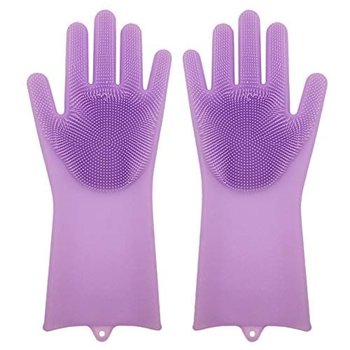 Magic Saksak Reusable Silicone Gloves with Wash Scrubber (13.6" Large, 1Pair), Heat Resistant, for Cleaning, Household, Dish Washing, Washing the Car (Lilac)