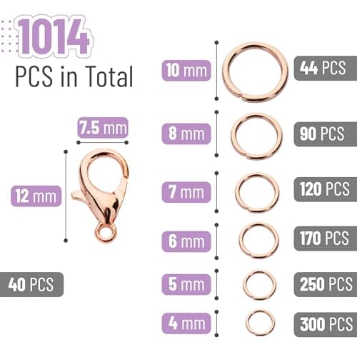 Mr. Pen Open Jump Rings - Champagne, 1014 Pcs, 6 Sizes for Jewelry Making