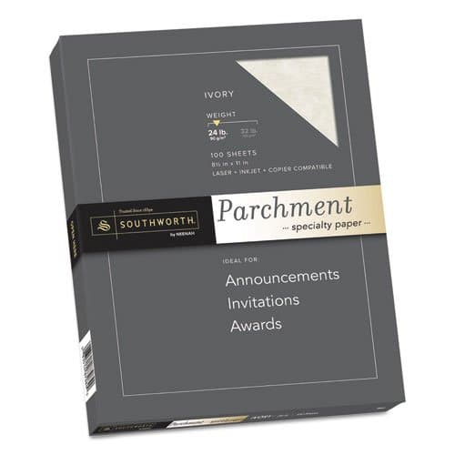 Southworth Products,Southworth,Fine Parchment Paper, 24 lbs., 8-1/2x11, Ivory, 100/Pack,Sold As 1 Pack, inkjet and copier guaranteed.,Watermarked and date coded.