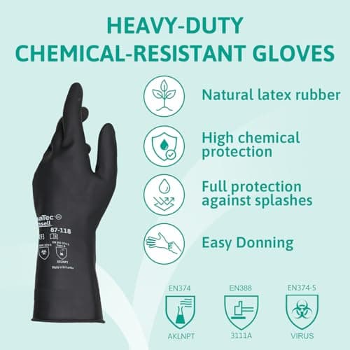 Ansell AlphaTec 87-118 Chemical Resistant Gloves in Latex, Heavy Duty Protection against Splash, Acids and Solvents, Reusable Rubber Latex Gloves, Cotton Flocked, Black, Size S (12 Pairs)