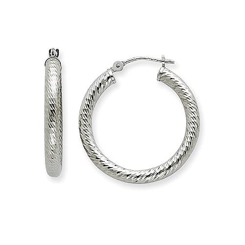 14k White Gold Hoop Earrings 30mm x 3mm | Medium to Large Size | Bold Brilliant Spiral Cable Diamond Cut