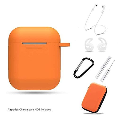 JCMY Compatible with AirPods Case 6 in 1 Accessories Set Shockproof Dust-Proof Protective Silicone Cover with Carabiner/Ear Hook/Strap/Special Cleaning Swabs/Outdoor Storage Box (Orange)