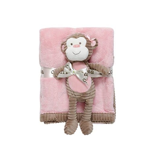 Chick Pea Baby Velboa Plush 2 Piece Blanket and Animal Toy Set, Hot Pink Blanket & Brown Monkey by Chick Pea