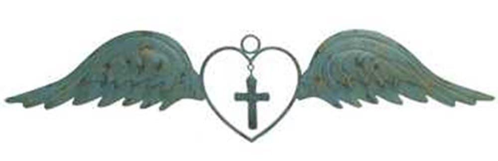 Large Distressed Style Antique Metal Angel Wings with Heart and Cross Home Wall Decor ~ 30" x 7" ~ Shabby Chic (Blue Green)