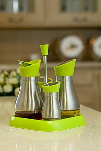 Casatii Stainless Steel and Toughened Glass Cruet Set with Rack - Set of 4 (Green)