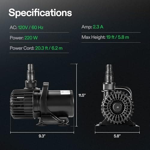 VIVOSUN 4500GPH Submersible Water Pump 220W Ultra Quiet Pump with 20.3ft Power Cord High Lift for Pond Waterfall Fish Tank Statuary Hydroponic