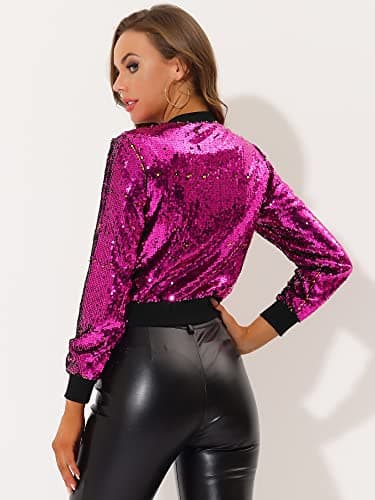 Allegra K Women Sequin Bomber Jackets Halloween Sparkly Long Sleeve Zip Front Shiny Cropped Jacket Glitter Party Disco Outfit