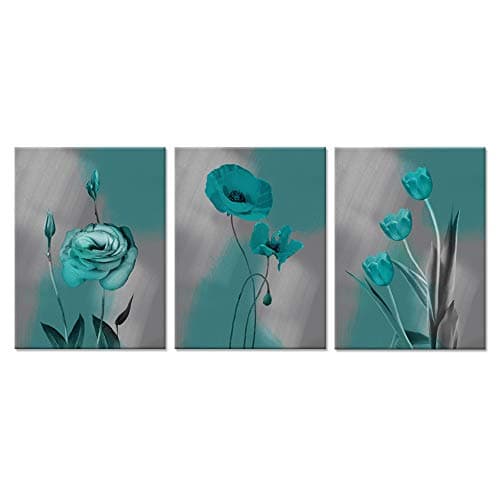 ZingArts 3 Pieces Canvas Wall Art Prints Blue Flower Painting Elegant Poppy Tulip Platycodon Floral The Picture Print On Canvas for Living Room Home Decor Framed Ready to Hang 12x16inchx3pcs