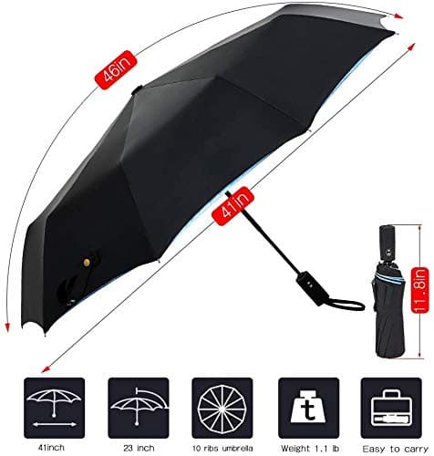 ESUFEIR 46 Inch Large Travel Windproof Umbrella, 3 Folding Big Umbrellas for Rain Windproof, Compact Automatic Umbrella with Double Layer Design, Durable and Portable, Men Women, Gift Included