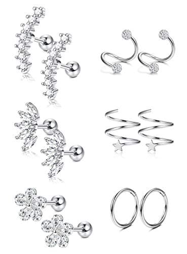 16G 6 Pairs Stainless Steel Ear Cartilage Earrings for Women Girls Hypoallergenic Stud Earrings Ear Crawler Cuff Earring