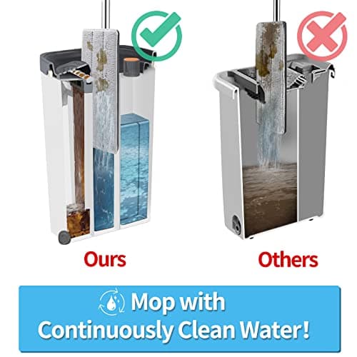Lascpt Flat Mop and Bucket with Wringer Set, 3-Chamber Design Separates Dirty and Clean Water, Wet and Dry Use, Automatic Wringing Home Floor Wall Cleaning Mop, 4 Reusable Microfiber Mop Pads