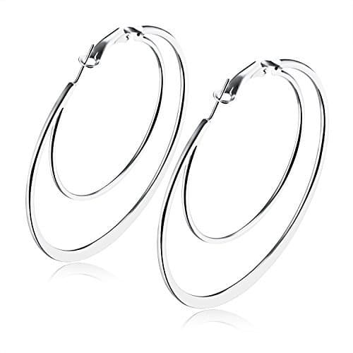 925 Sterling Silver Plating 60MM Big Large Double Layer Hoop Earring with Paddle Back for Women Girl Fashion Hypoallergenic Earring Lightweight