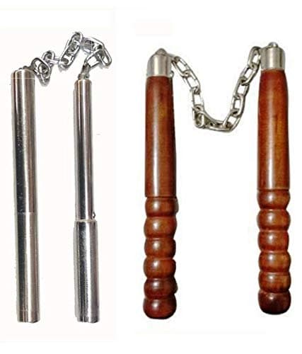 1 Wooden and Steel Handle 10 and 9-Inch Metal Chain Nanchaku (Pack of 2)