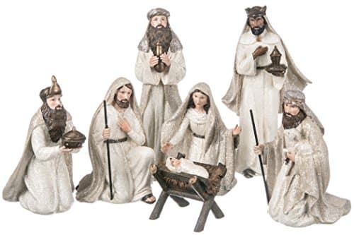 7 Piece Holy Family Three Kings Shepherd 9 inch Glitter Resin Stone Christmas Nativity Set