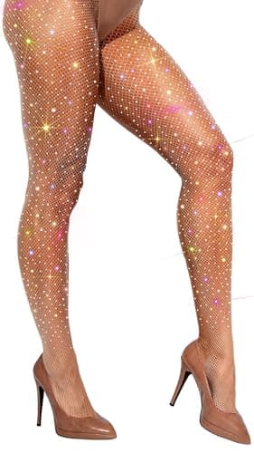 VEBZIN Extra Sparkly Holographic Fishnets Tights Fishnet Stockings Rhinestone Fishnet Tights for Women