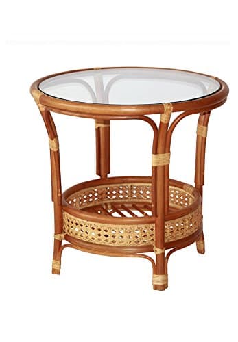 SunBear FurnitureNatural Rattan Wicker Pelangi Coffee Round Table with Glass Top Handmade, Cognac