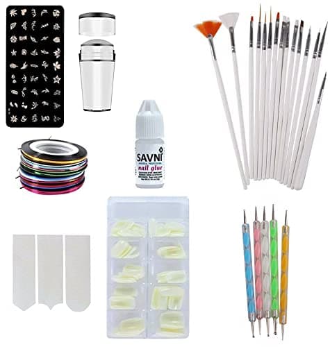 SAVNI nail art 15 pc brush and 10 wooden cuticle sticks ,100 pcs nail extensions , 10 nail tape , 1 pc 3 gm nail glue , stamping design plate with stamp and scrapper , and nail protector stickers
