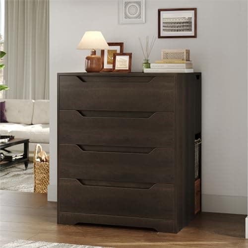 HOSTACK Flip Top 4 Drawer Dresser for Bedroom, Modern Chest of Drawers with 2 Cubbies, Wood Storage Dresser Chest with Cut-Out Handles, Accent Storage Cabinet for Living Room, Hallway, Dark Brown