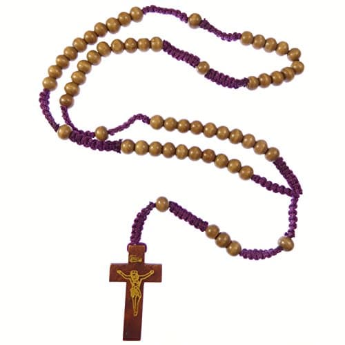 Brown Wood Rosary Beads on Purple Cord with 5 Decade Catholic Rosary