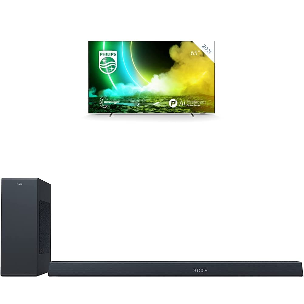 Philips Ambilight 65OLED705/12 65-Inch OLED TV (4K UHD, P5 Engine with AI, Dolby Vision∙Atmos, Freeview Play, Works with Alexa, Android TV) with Soundbar B8805/10 incl. Subwoofer (400 W, Dolby Atmos)
