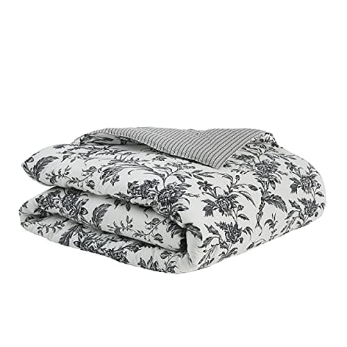 Laura Ashley - King Comforter Set, Reversible Cotton Bedding, Includes Matching Shams with Bonus Euro Shams & Throw Pillows (Amberley Black/White, King)
