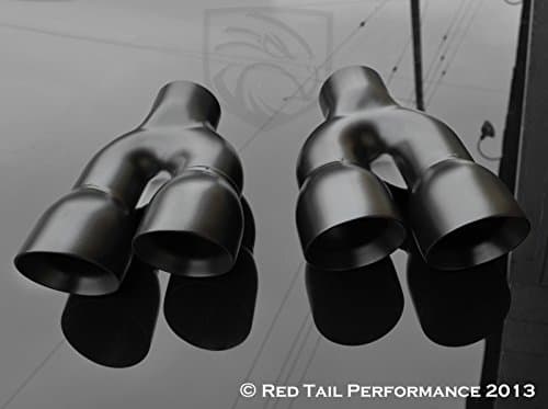 Mina Gallery Black Powder Coated Exhaust Muffler Tip Dual Round Double Wall and Staggered (Left and Right Side) 2.25" Inlet/ID, 6.25"X3" Outer Dimension/OD, Red Tail Performance #RTP-035LR