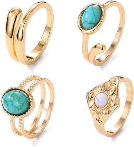 HUASAIJade Rings for Women Gemstone Ring Set Vintage Gemstone Ring Boho Knuckle Ring Sets Good Luck Midi Finger Rings for Girls Jewelry