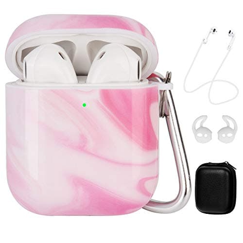 Cute Airpods Case Cover with Pink Marble Pattern,OLEBADN Protective and No Dust Sticking Skin for Women and Girls, 5 in 1 Accessory Set Including Keychain Compatible for Airpods 2&1 Front LED Visible