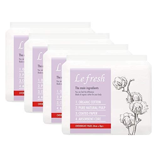 Lefresh Certified Organic Cotton, Chlorine Free Maxi Overnight Pads, Unscented Menstrual Feminine Pads Napkins for Women, 32 ct. (8 Pcs, 4 Packs)